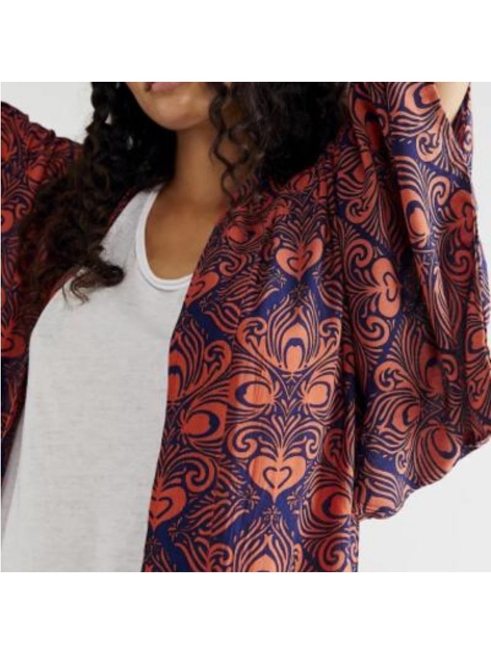 Free People | Riviera Printed Open Duster in Navy Blue & Rust Orange | OS - Picture 9 of 11